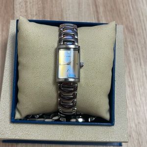 Fossil Watch Women Silver Tone Blue Rectangle Dial New Battery 6.5"